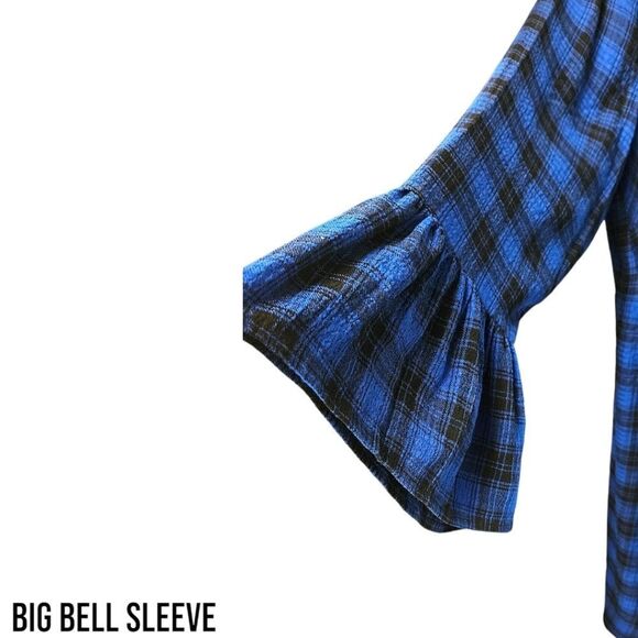 TORRID MINI GAUZE Long Bell Sleeve Royle Blue & Black Plaid Mini Dress 2X - Picture 9 of 14